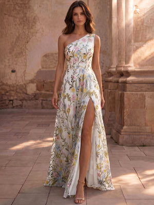 A-Line Floor Length Evening Gown Formal Dress Elegant Floral Sleeveless One Shoulder Garden Party Wedding Chiffon