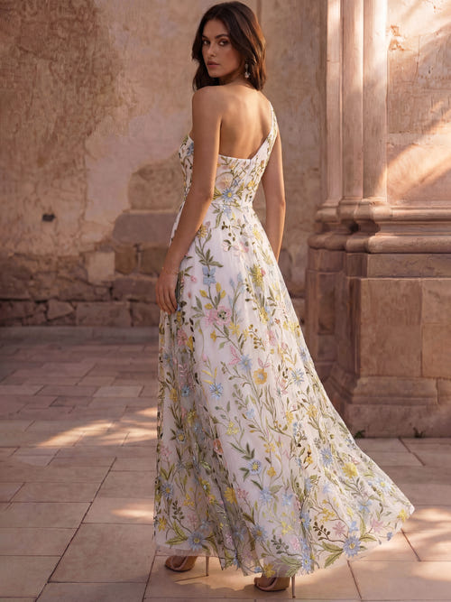 A-Line Floor Length Evening Gown Formal Dress Elegant Floral Sleeveless One Shoulder Garden Party Wedding Chiffon
