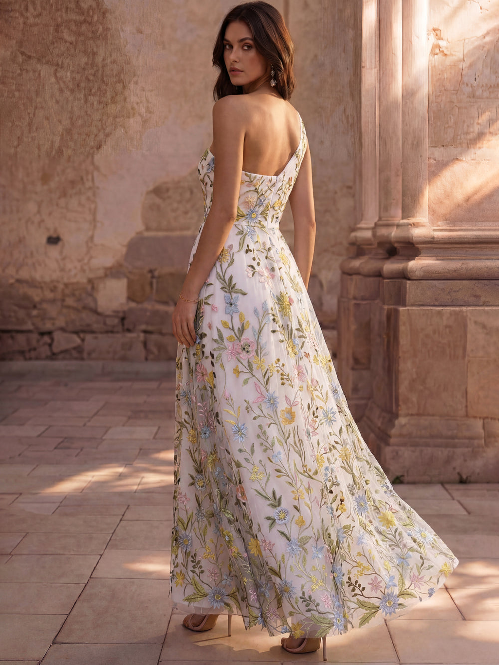 A-Line Floor Length Evening Gown Formal Dress Elegant Floral Sleeveless One Shoulder Garden Party Wedding Chiffon