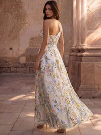 A-Line Floor Length Evening Gown Formal Dress Elegant Floral Sleeveless One Shoulder Garden Party Wedding Chiffon