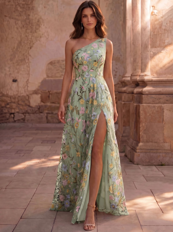 A-Line Floor Length Evening Gown Formal Dress Elegant Floral Sleeveless One Shoulder Garden Party Wedding Chiffon