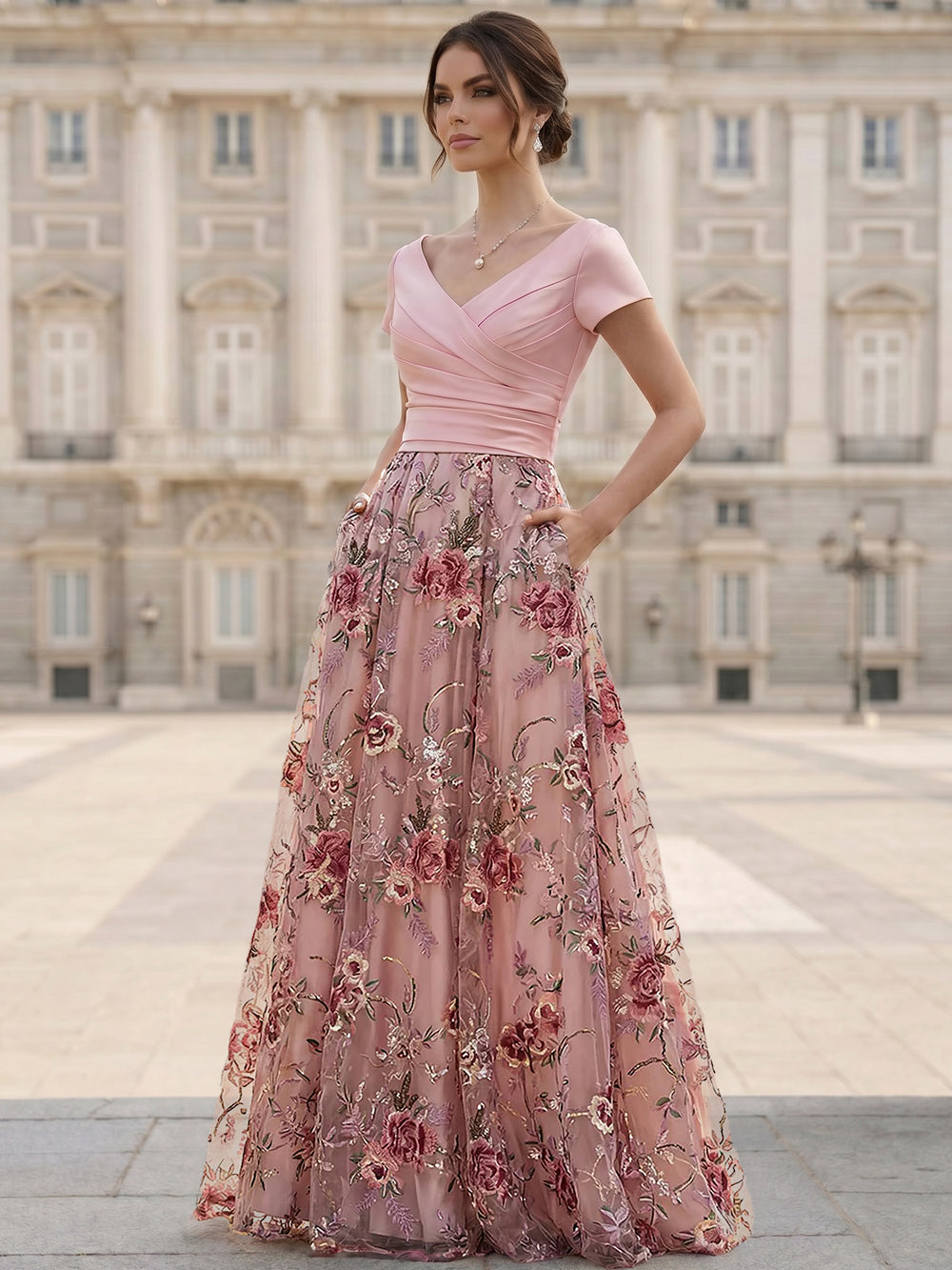 A-Line/Princess Floral Evening Dress Short Sleeves Floor-Length V Neck Ruched Satin Bodice Mother of the Bride & Groom Dresses