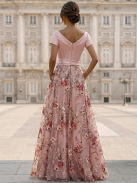 A-Line/Princess Floral Evening Dress Short Sleeves Floor-Length V Neck Ruched Satin Bodice Mother of the Bride & Groom Dresses