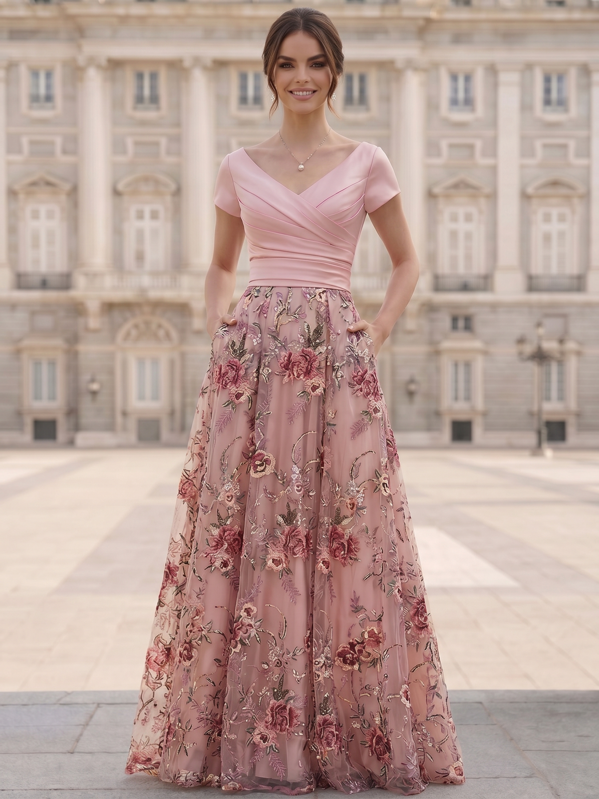 Nafori Pink A-Line/Princess Floral Mother Of The Bride Dresses Short Sleeves Formal Ankle Length Dresses With Floral Pocket 2026