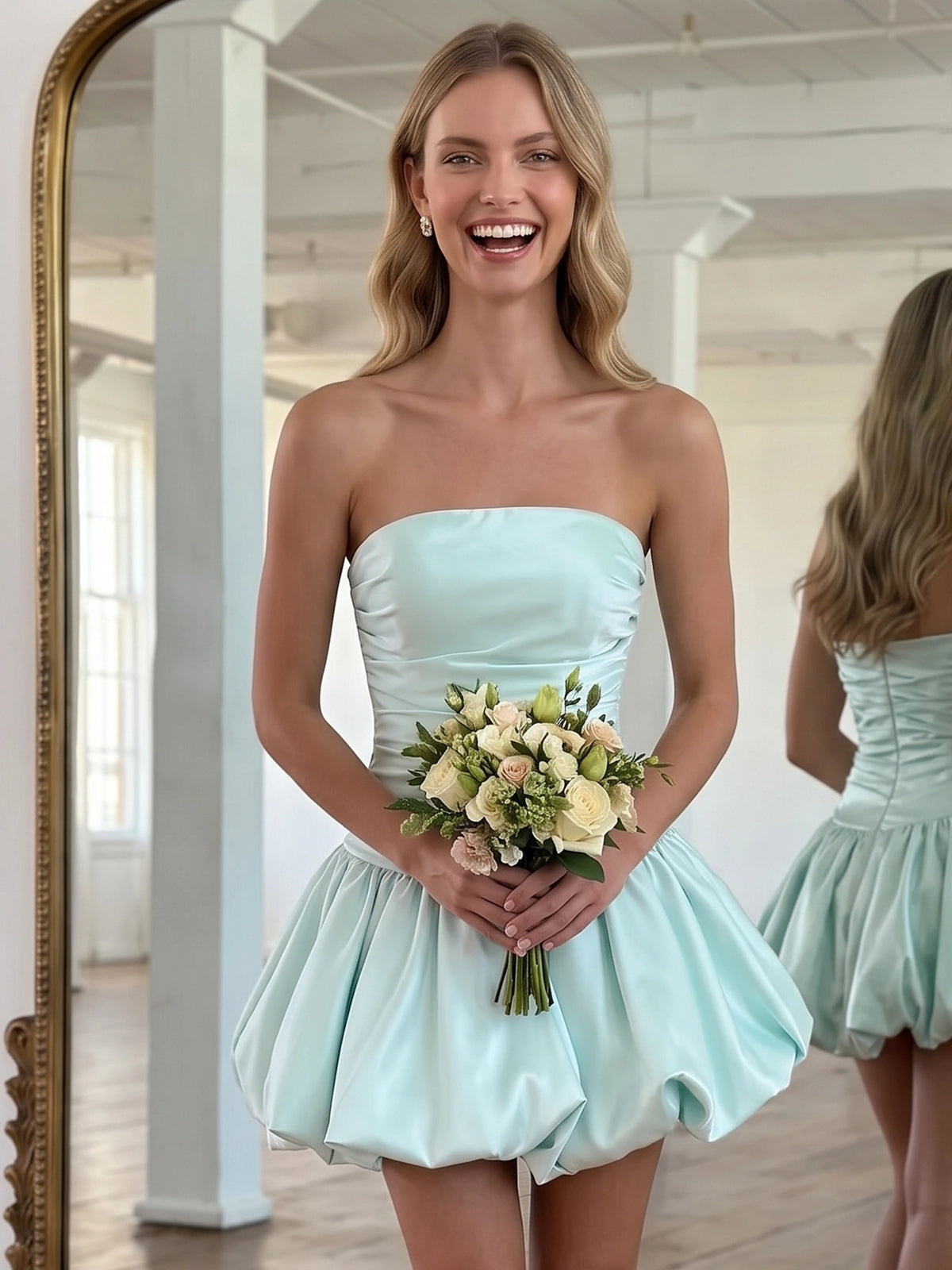Short Ballgown Homecoming Dresses Satin Strapless Sleeveless Short Mini Ruched Bubble Dress Summer Party
