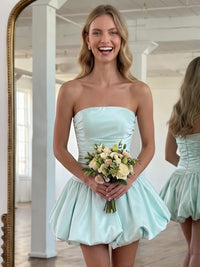 Short Ballgown Homecoming Dresses Satin Strapless Sleeveless Short Mini Ruched Bubble Dress Summer Party