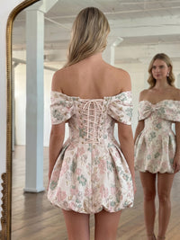 A-Line/Princess Homecoming Dresses Floral Jacquard Off-The-Shoulder With Bow 1/2 Sleeves Short Mini Lace-Up Summer Party