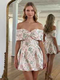 A-Line/Princess Homecoming Dresses Floral Jacquard Off-The-Shoulder With Bow 1/2 Sleeves Short Mini Lace-Up Summer Party