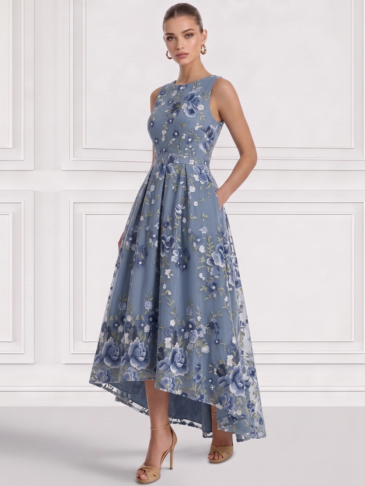 A-Line/Princess  Floral Cocktail Dresses Boat Neck Sleeveless Tulle Tea High Low Length Dresses