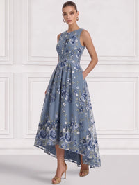 A-Line/Princess  Floral Cocktail Dresses Boat Neck Sleeveless Tulle Tea High Low Length Dresses