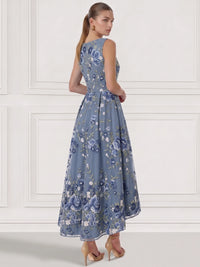 A-Line/Princess  Floral Cocktail Dresses Boat Neck Sleeveless Tulle Tea High Low Length Dresses