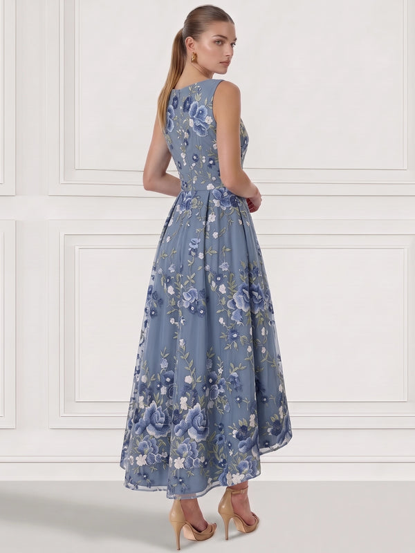 A-Line/Princess  Floral Cocktail Dresses Boat Neck Sleeveless Tulle Tea High Low Length Dresses