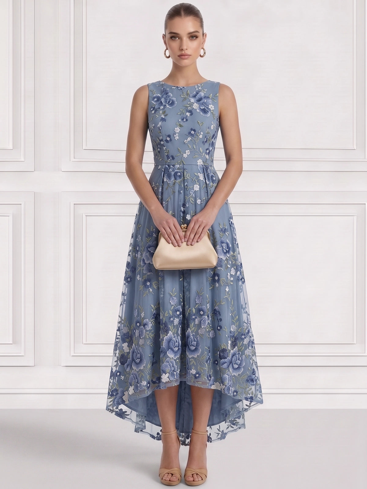 A-Line/Princess  Floral Cocktail Dresses Boat Neck Sleeveless Tulle Tea High Low Length Dresses