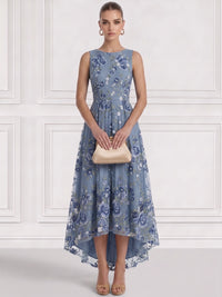 A-Line/Princess  Floral Cocktail Dresses Boat Neck Sleeveless Tulle Tea High Low Length Dresses