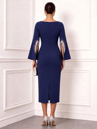 Sheath Mother Of The Bride Dresses Elegant Satin Tea-Length Bateau Neck Long Sleeves Sequined Back Slit Zipper Formal Dresses Wedding Guest