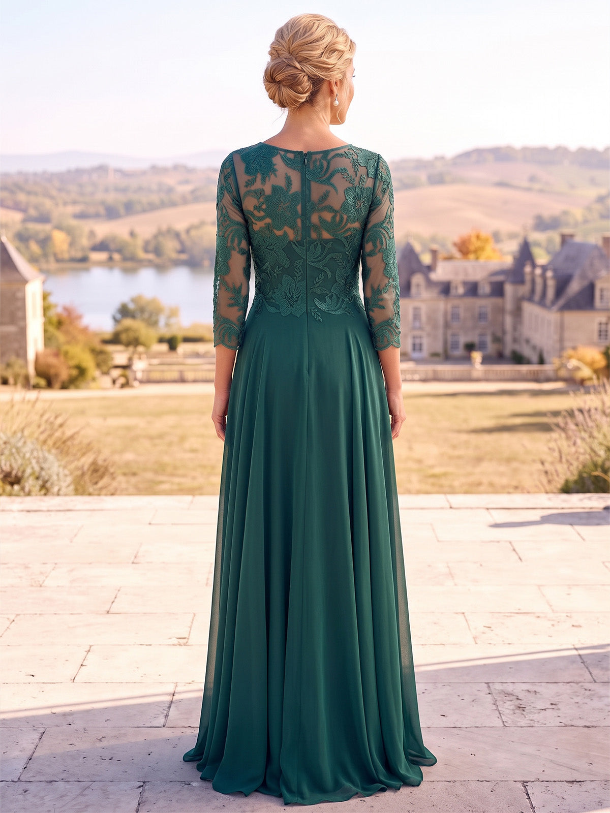 A-Line Mother Of The Bride Dresses Elegant Formal Chiffon Embroidery Floor-Length 3/4 Sleeves Round Neck Pleated Zipper Wedding Guest
