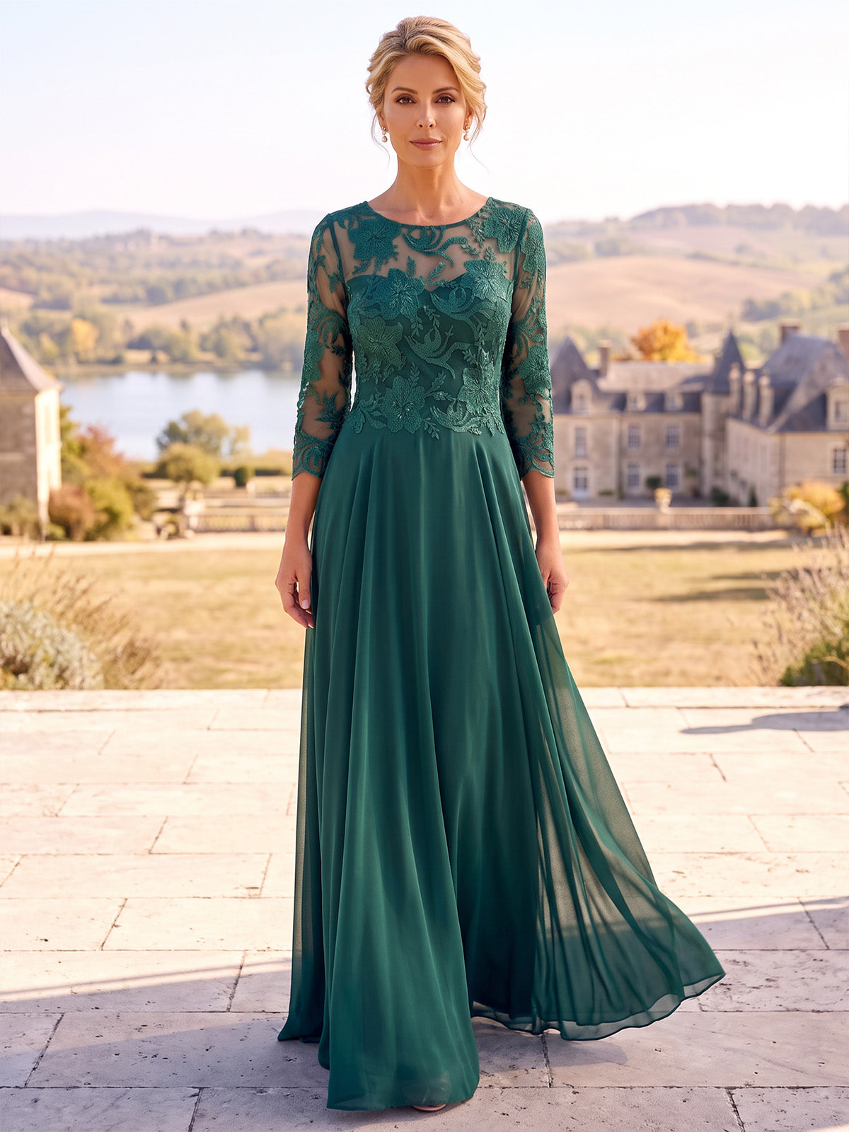 A-Line Mother Of The Bride Dresses Elegant Formal Chiffon Embroidery Floor-Length 3/4 Sleeves Round Neck Pleated Zipper Wedding Guest