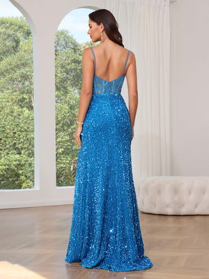 Sheath/Column Sequins Corset Prom Dresses Spaghetti Straps&Sweetheart Sleeveless Floor-length with Side Split/Appliques