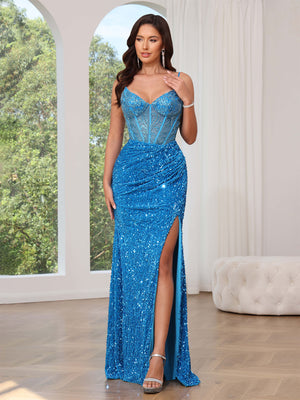 Sheath/Column Sequins Corset Prom Dresses Spaghetti Straps&Sweetheart Sleeveless Floor-length with Side Split/Appliques