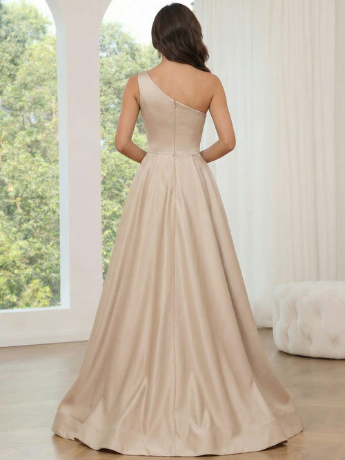 A-Line/Princess Prom Dresses Satin One-Shoulder Neck Sleeveless Floor-Length Elegant Prom Dress with Side Split
