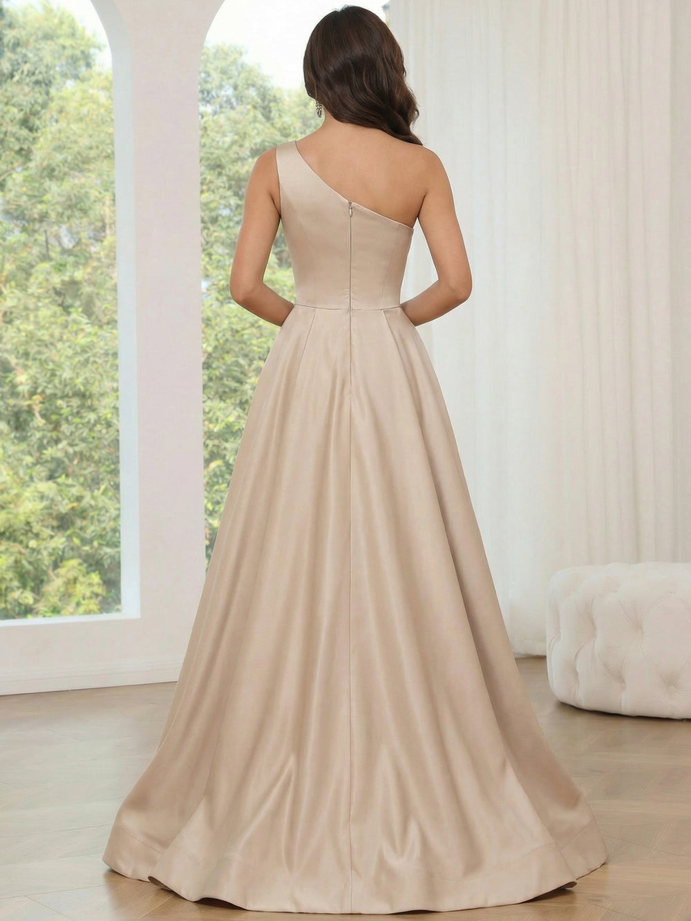 A-Line/Princess Prom Dresses Satin One-Shoulder Neck Sleeveless Floor-Length Elegant Prom Dress with Side Split