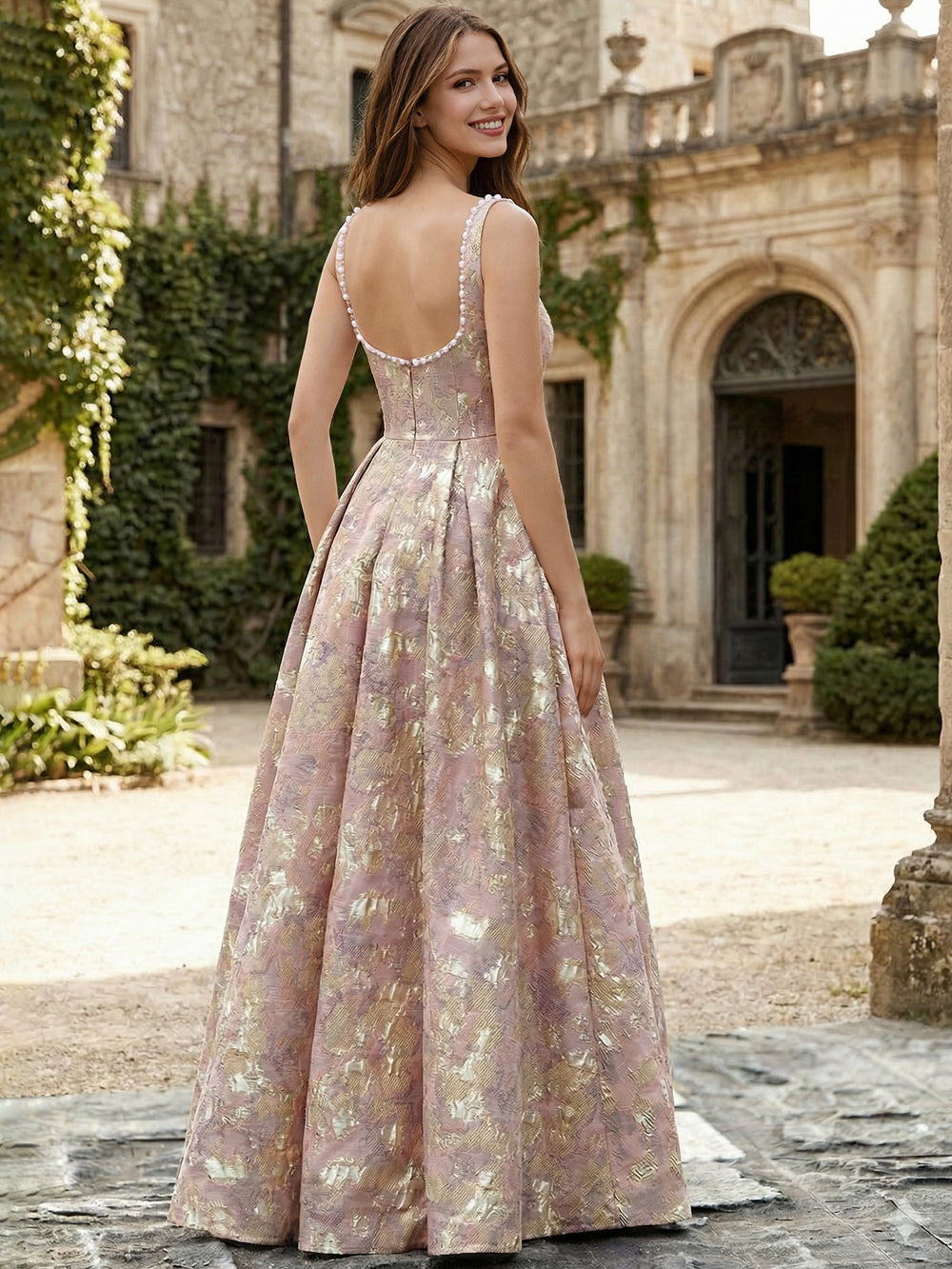 A-Line/Princess Elegant Prom Jacquard Floral Dress Floor Length Sleeveless Square Neck Prom Dresses