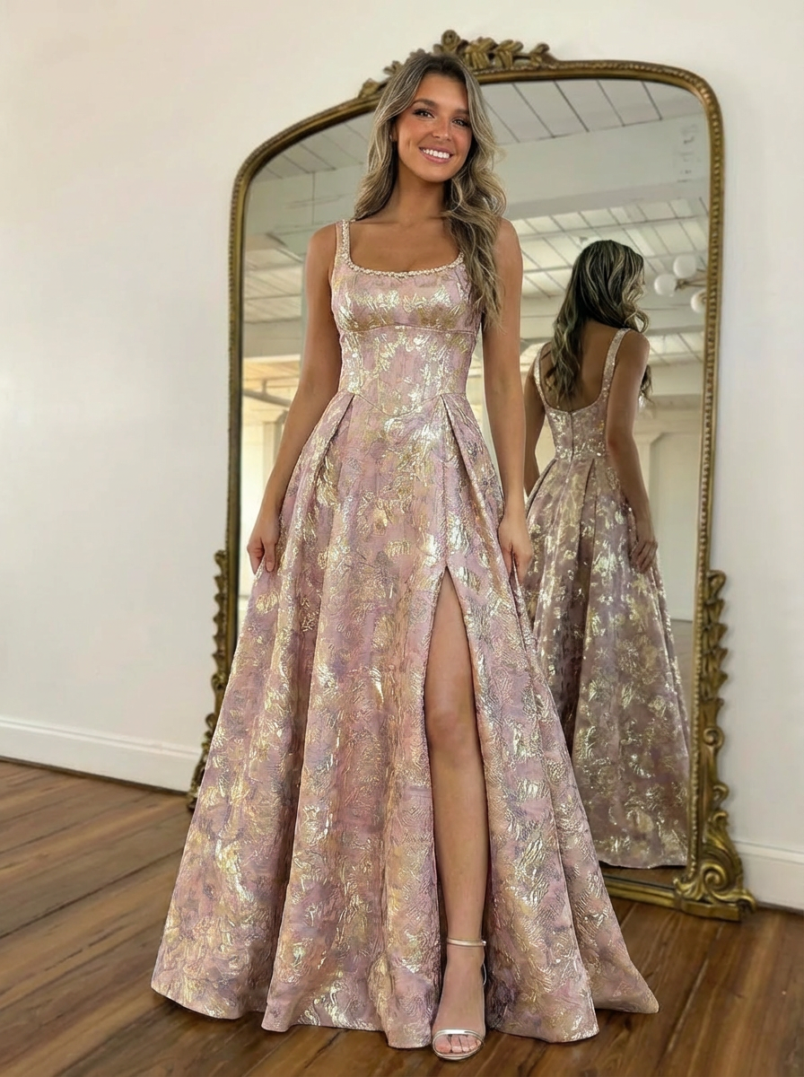 A-Line/Princess Elegant Prom Jacquard Floral Dress Floor Length Sleeveless Square Neck Prom Dresses