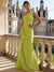Sheath/Column Evening Gown Elegant Chiffon Dress Prom Floor Length Sleeveless One Shoulder Ruffle with Slid Split Green Wedding Guest Dress