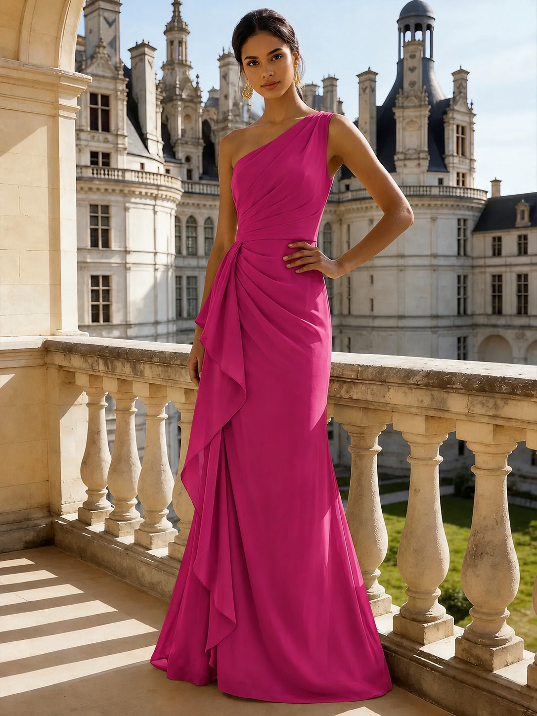 Sheath/Column Evening Gown Elegant Chiffon Dress Prom Floor Length Sleeveless One Shoulder Ruffle with Slid Split Green Wedding Guest Dress