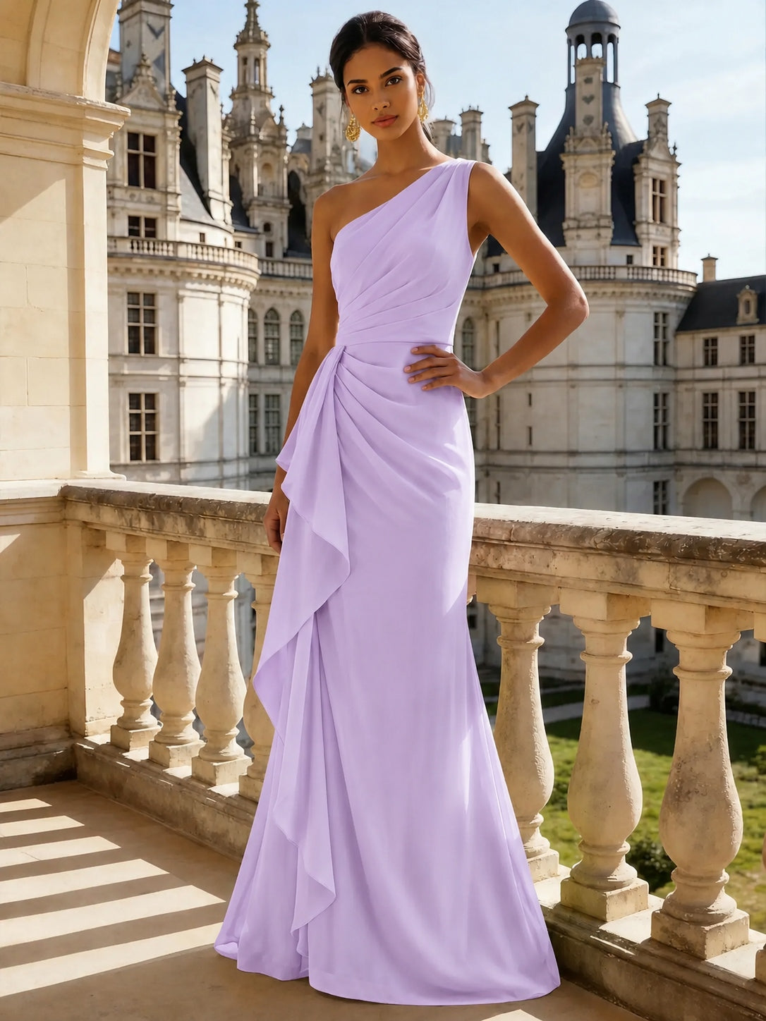 Nafori Lilac Sheath/Column Evening Gown Elegant Chiffon Dress Prom Floor Length Sleeveless One Shoulder Ruffle with Slid Split Green Wedding Guest