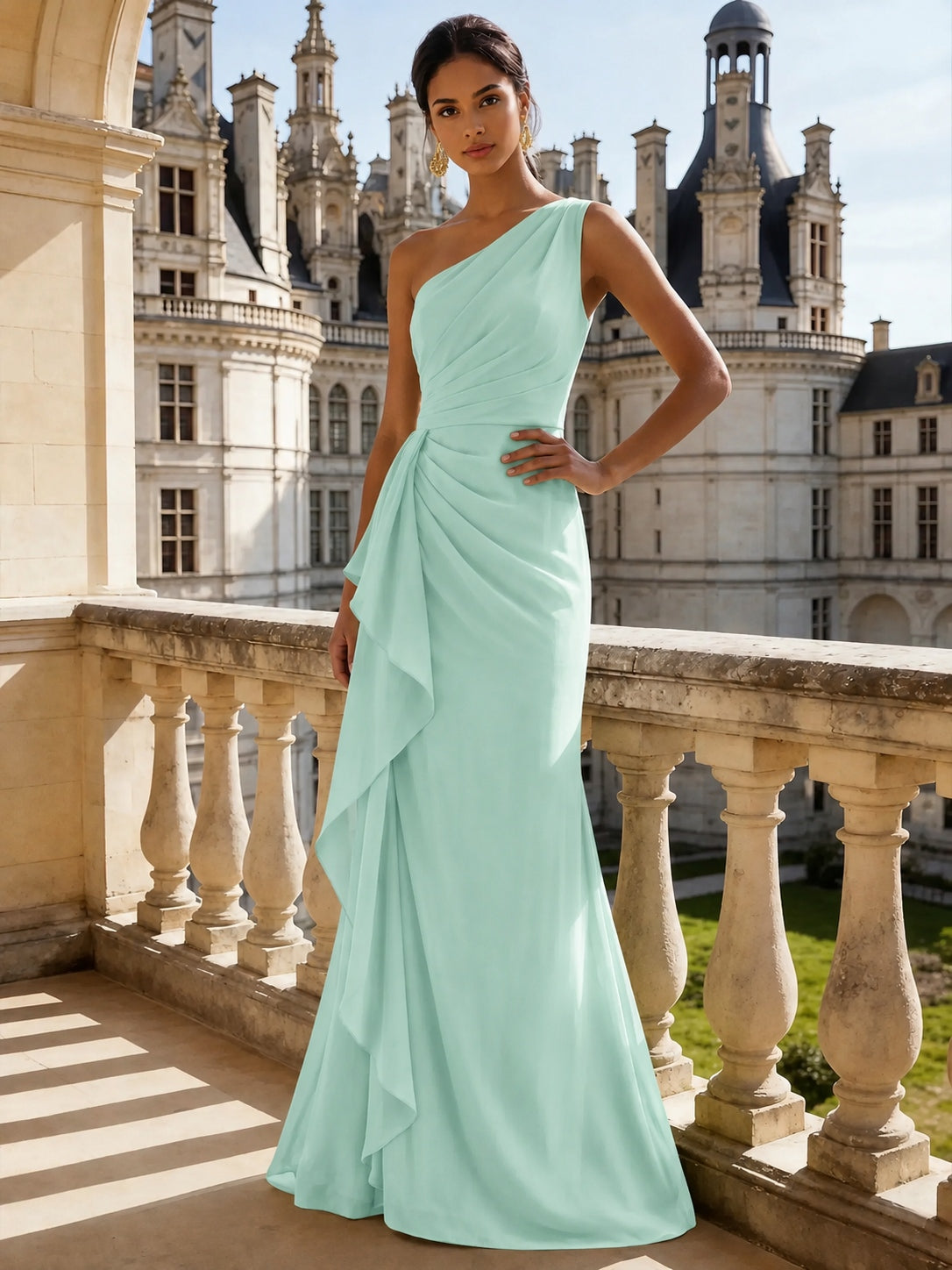 Nafori Mint Green Sheath/Column Evening Gown Elegant Chiffon Dress Prom Floor Length Sleeveless One Shoulder Ruffle with Slid Split Green Wedding