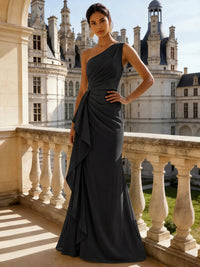 Sheath/Column Evening Gown Elegant Chiffon Dress Prom Floor Length Sleeveless One Shoulder Ruffle with Slid Split Green Wedding Guest Dress