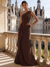 Sheath/Column Evening Gown Elegant Chiffon Dress Prom Floor Length Sleeveless One Shoulder Ruffle with Slid Split Green Wedding Guest Dress