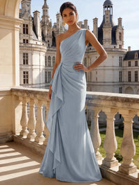 Sheath/Column Evening Gown Elegant Chiffon Dress Prom Floor Length Sleeveless One Shoulder Ruffle with Slid Split Green Wedding Guest Dress