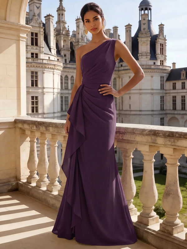 Sheath/Column Evening Gown Elegant Chiffon Dress Prom Floor Length Sleeveless One Shoulder Ruffle with Slid Split Green Wedding Guest Dress
