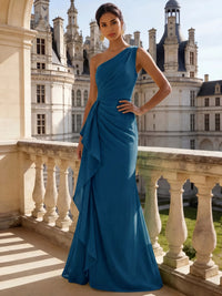 Sheath/Column Evening Gown Elegant Chiffon Dress Prom Floor Length Sleeveless One Shoulder Ruffle with Slid Split Green Wedding Guest Dress