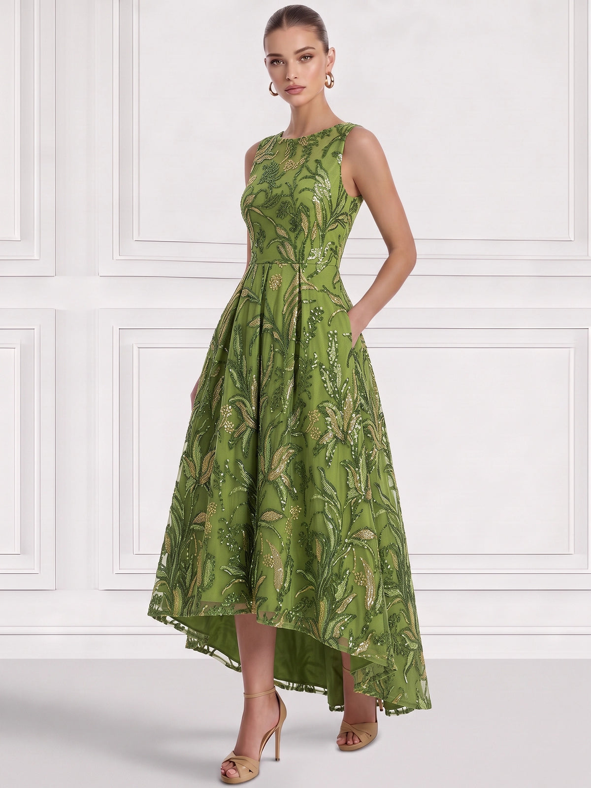 A-Line/Princess  Floral Cocktail Dresses Sequins Boat Neck Sleeveless Tulle Tea High Low Length Dresses