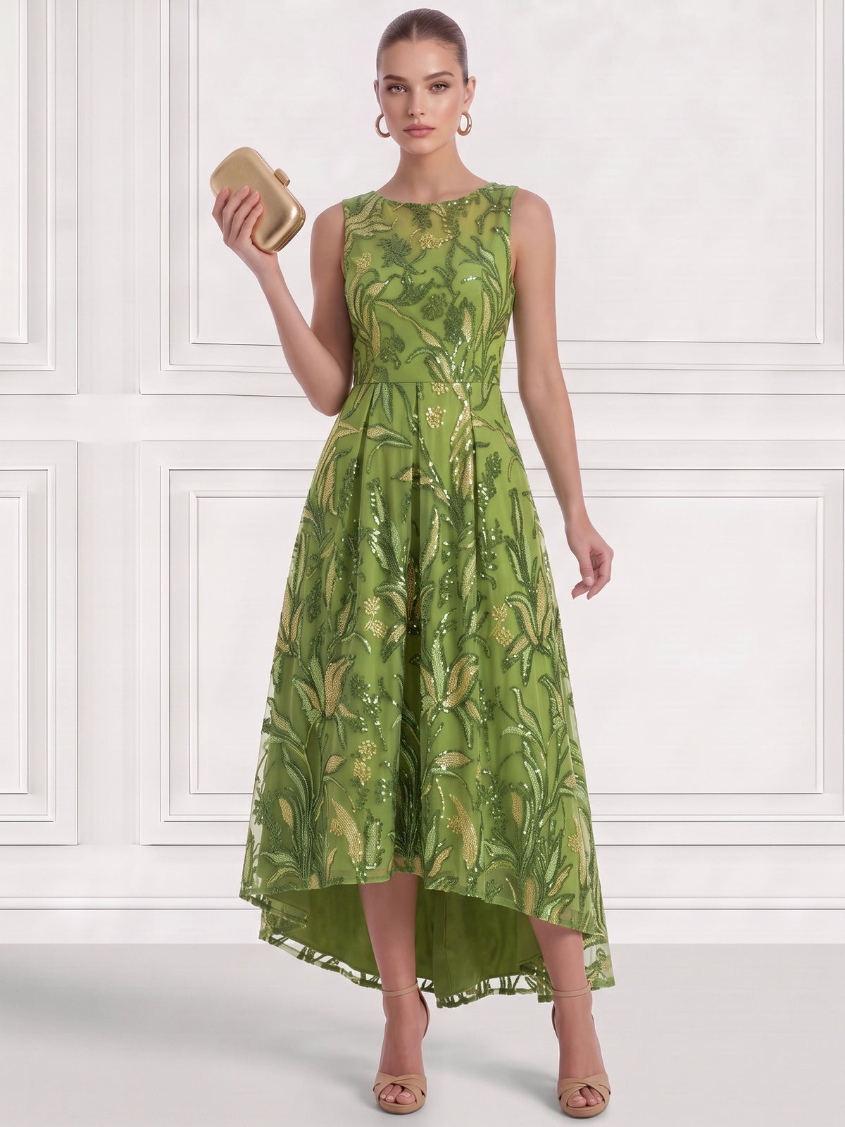 A-Line/Princess  Floral Cocktail Dresses Sequins Boat Neck Sleeveless Tulle Tea High Low Length Dresses