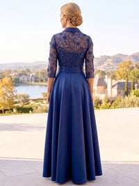 A-Line Mother Of The Bride Dresses V Neck Satin Embroidery 3D Floral Appliques 3/4 Sleeves Illusion Bodice With Bow Formal Dress Wedding Guest