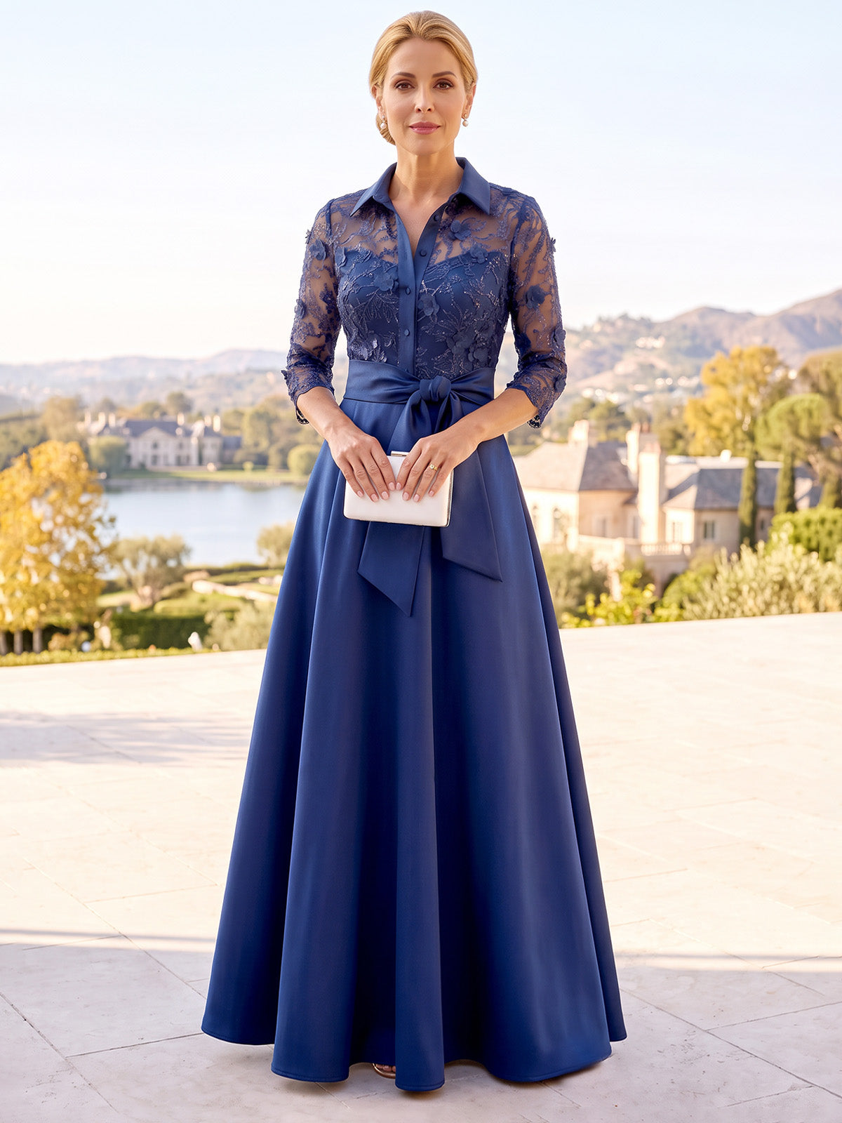 A-Line Mother Of The Bride Dresses V Neck Satin Embroidery 3D Floral Appliques 3/4 Sleeves Illusion Bodice With Bow Formal Dress Wedding Guest