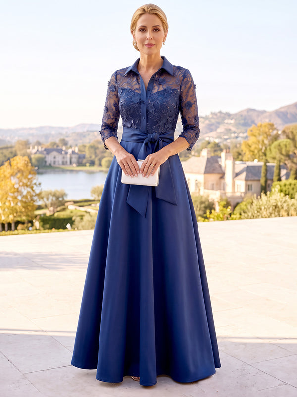 A-Line Mother Of The Bride Dresses V Neck Satin Embroidery 3D Floral Appliques 3/4 Sleeves Illusion Bodice With Bow Formal Dress Wedding Guest