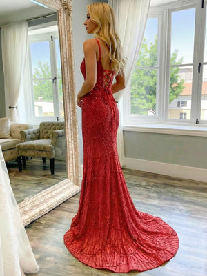 Trumpet/Mermaid Prom Dress Spaghetti Straps V-Neck Sleeveless Floor-length Long Formal Dresses with Split Side Sequin