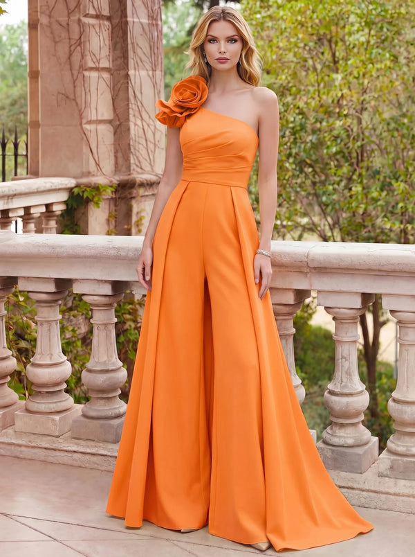Sheath/Column Chiffon Jumpsuits Elegant Dress Evening Floor Length Sleeveless One Shoulder Ruffle with Overskirts