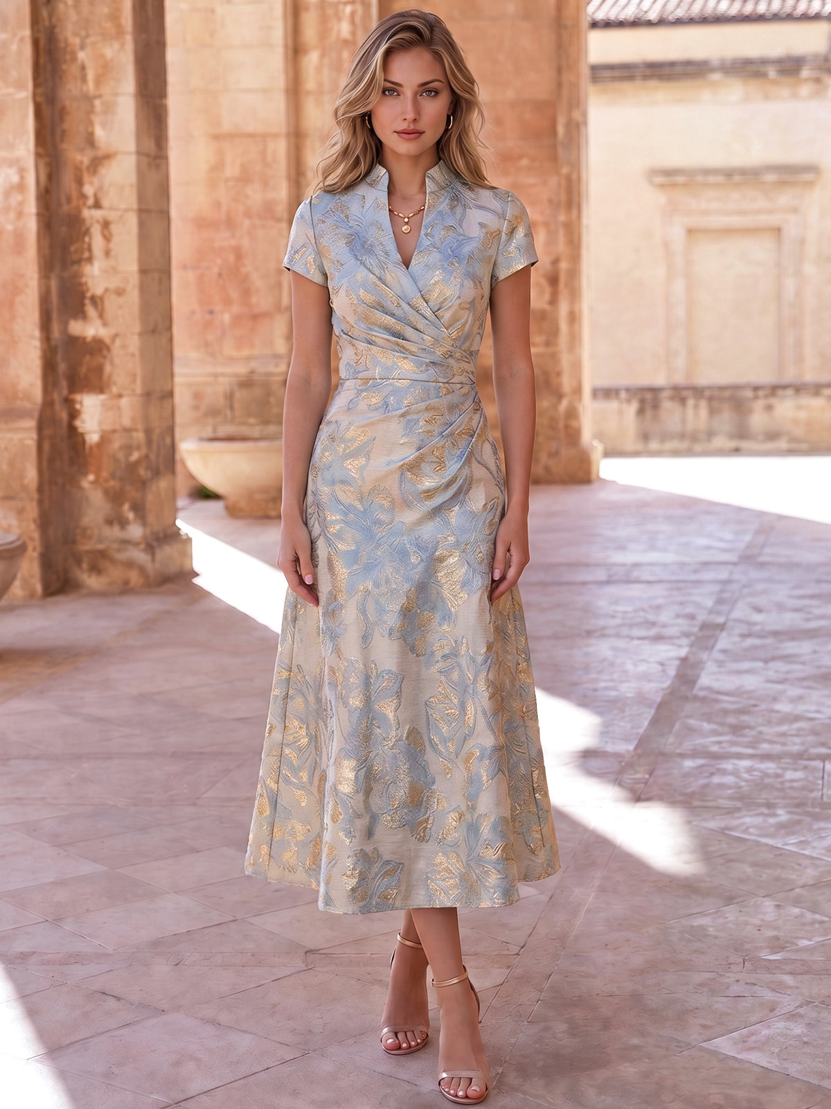 Nafori Dusty Blue A-Line Cocktail Dress Elegant Jacquard Floral Dress Semi-Formal Dresses Tea Length V Neck with Pocket Wedding Guest Dress 2026