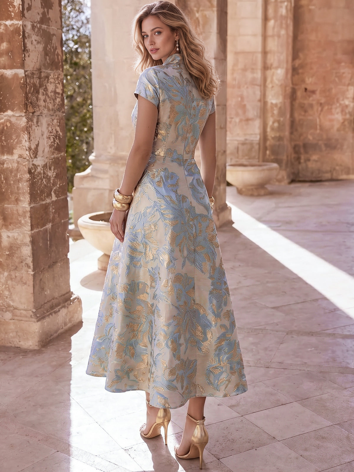 Nafori Dusty Blue A-Line Cocktail Dress Elegant Jacquard Floral Dress Semi-Formal Dresses Tea Length V Neck with Pocket Wedding Guest Dress 2026