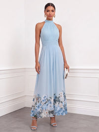 A-Line Cocktail Dresses Printed Chiffon Pleated Halter Ankle-Length Sleeveless Bow Sash Floral Elegant