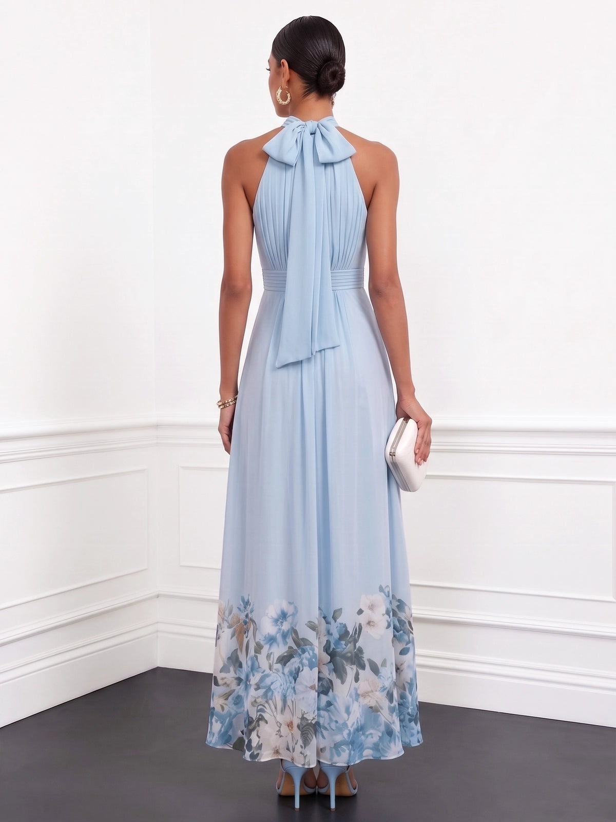 A-Line Cocktail Dresses Printed Chiffon Pleated Halter Ankle-Length Sleeveless Bow Sash Floral Elegant