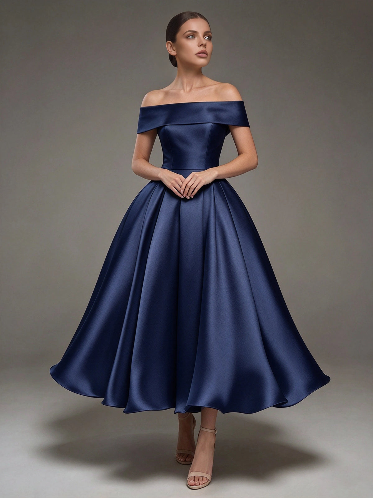A Line Cocktail Dress Satin Ankle Length Elegant Dresses Formal Wedding Short Sleeve Off Shoulder Summer Dress