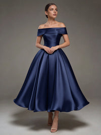 A Line Cocktail Dress Satin Ankle Length Elegant Dresses Formal Wedding Short Sleeve Off Shoulder Summer Dress