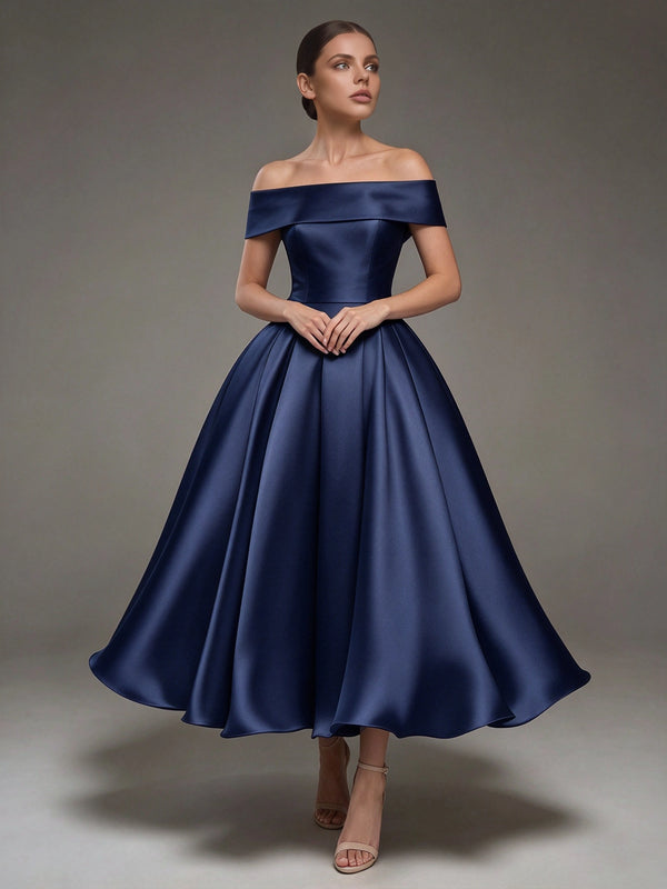 A Line Cocktail Dress Satin Ankle Length Elegant Dresses Formal Wedding Short Sleeve Off Shoulder Summer Dress
